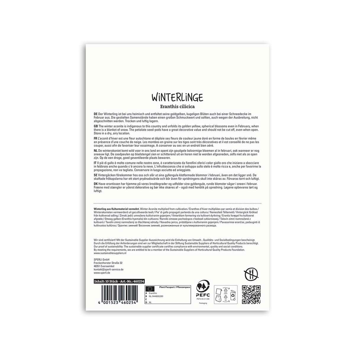 Bagside af frøpose til vinteradonis Eranthis cilicica