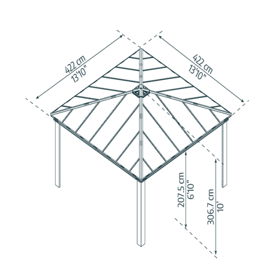 Tegning af pavillon 422x422 cm med højdeangivelser