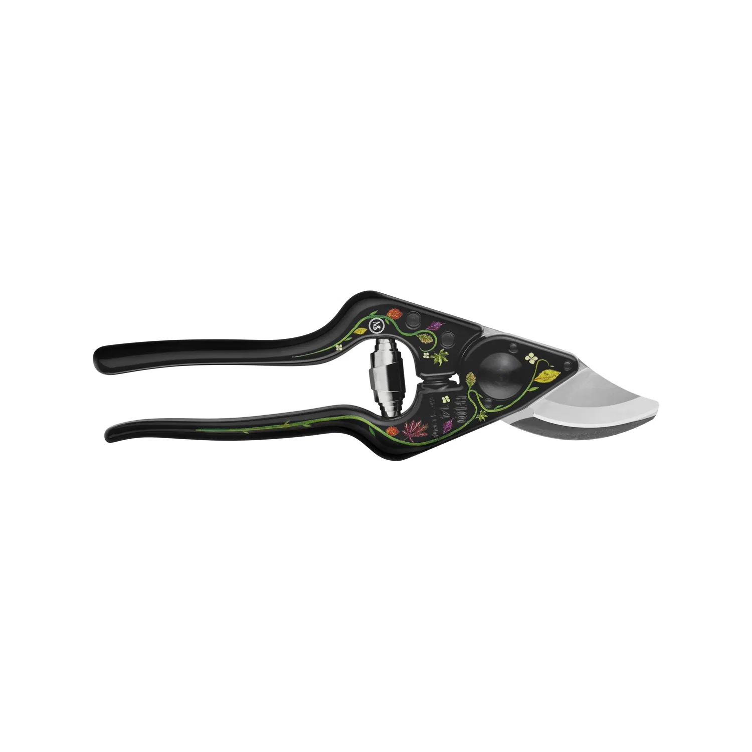 Sort havesaks med skarpt blad og blomsterdekor