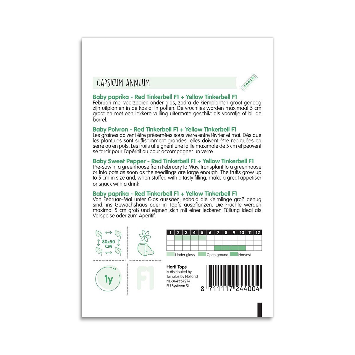 Bagside af frøpose til babypeber Red og Yellow Tinkerbell