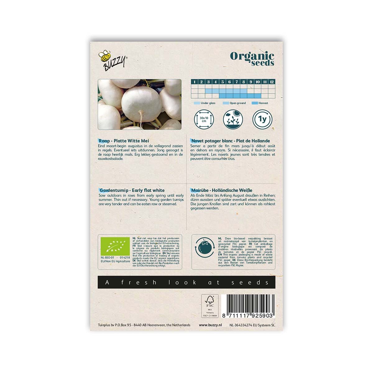 Bagside af pakke med økologiske hvide majroe-frø