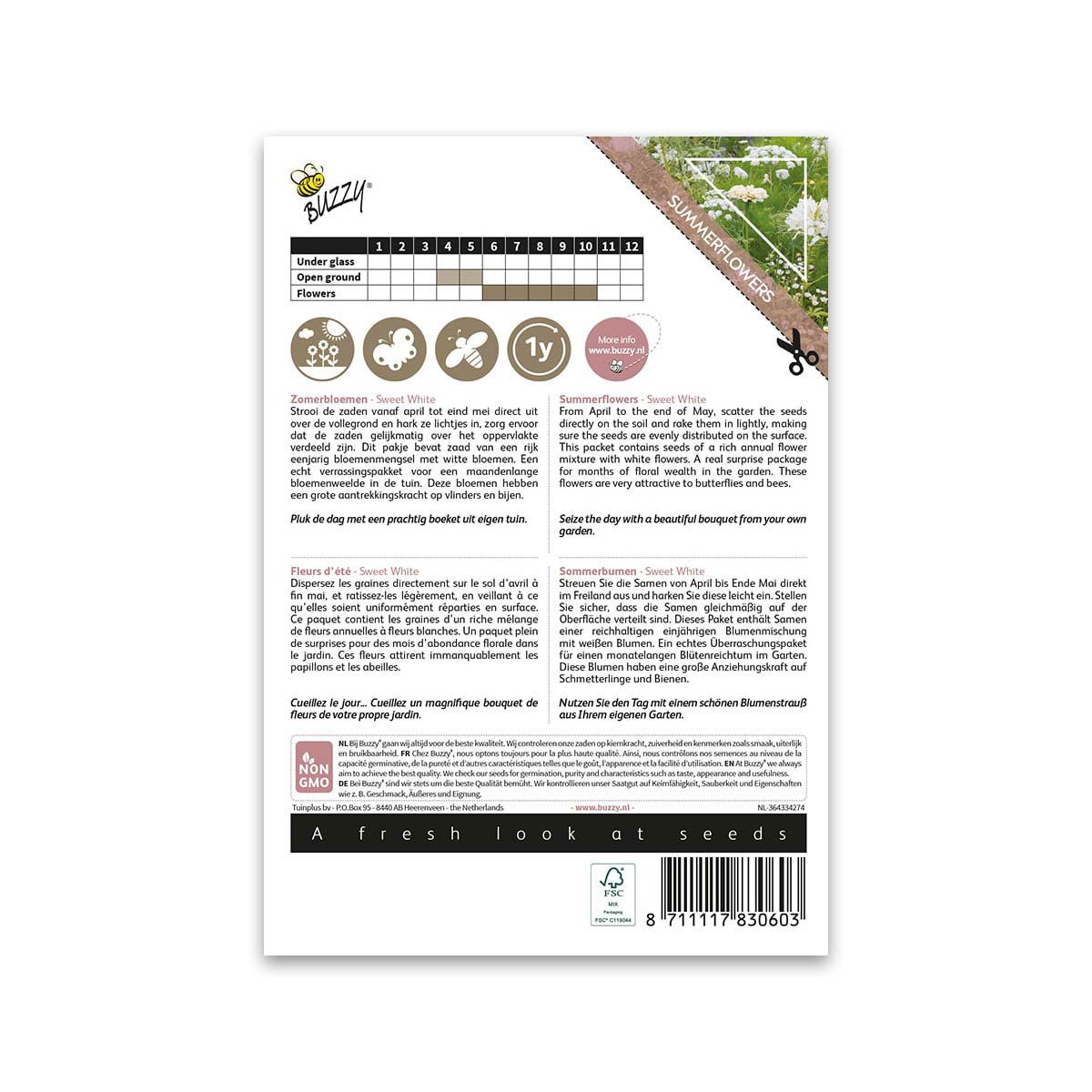Buzzy frøpose til sommerblomster Sweet White bagside