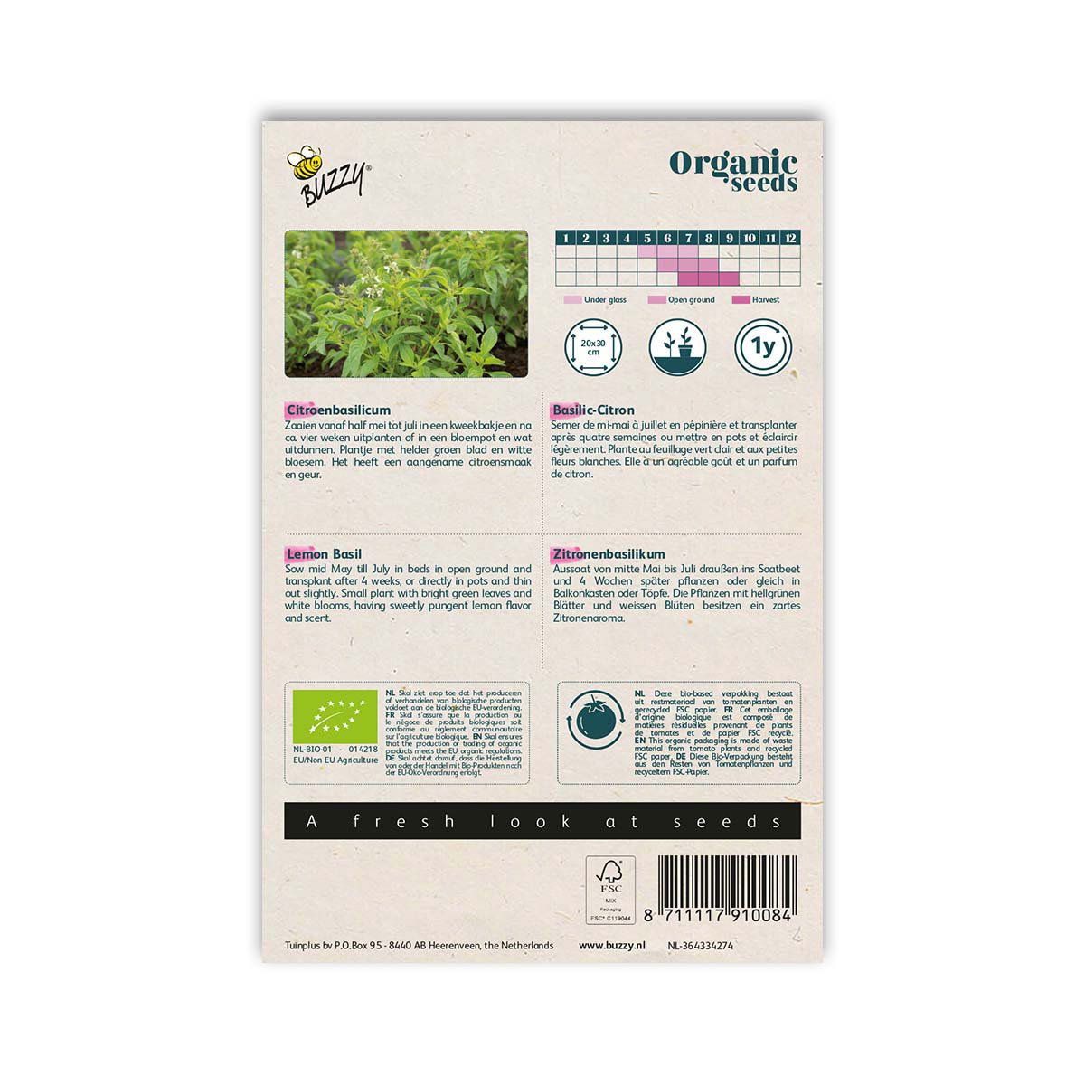 Bagside af pose med økologiske citrontulsi frø