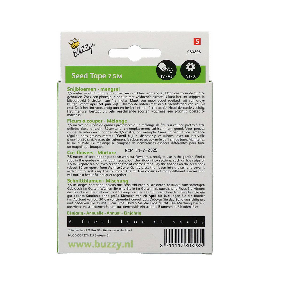 Buzzy Seed Tape 7,5 m snitblomsterblanding bagside