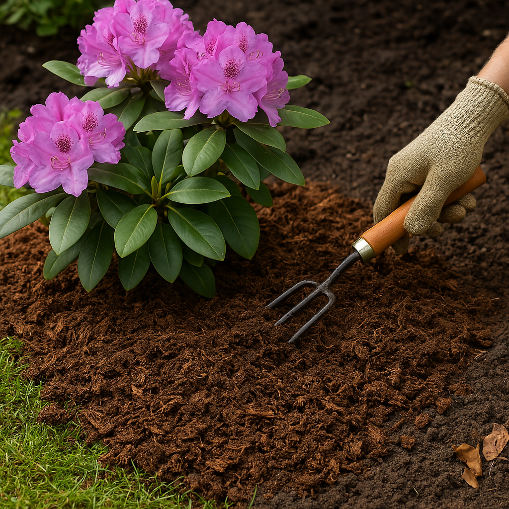 Havearbejde med pink rhododendron og jordgreb