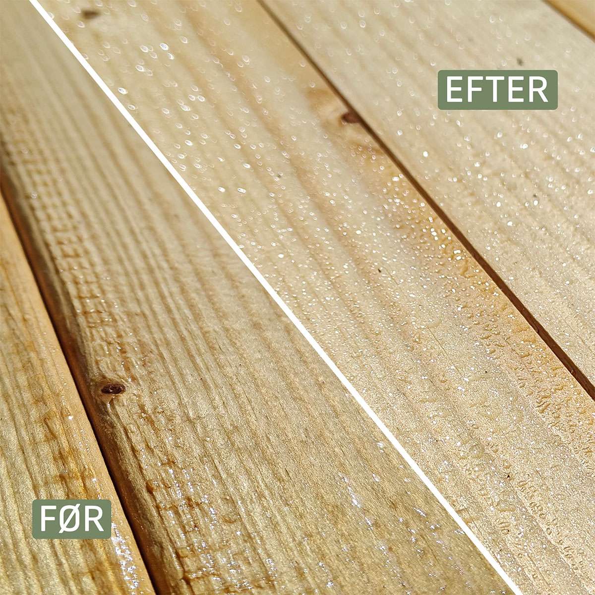 Nærbillede af terrassebrædder før og efter behandling