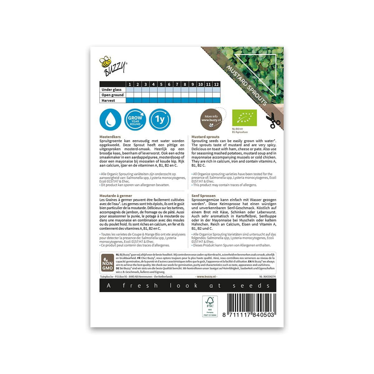 Bagside af Buzzy øko sennepsspirer frøpose