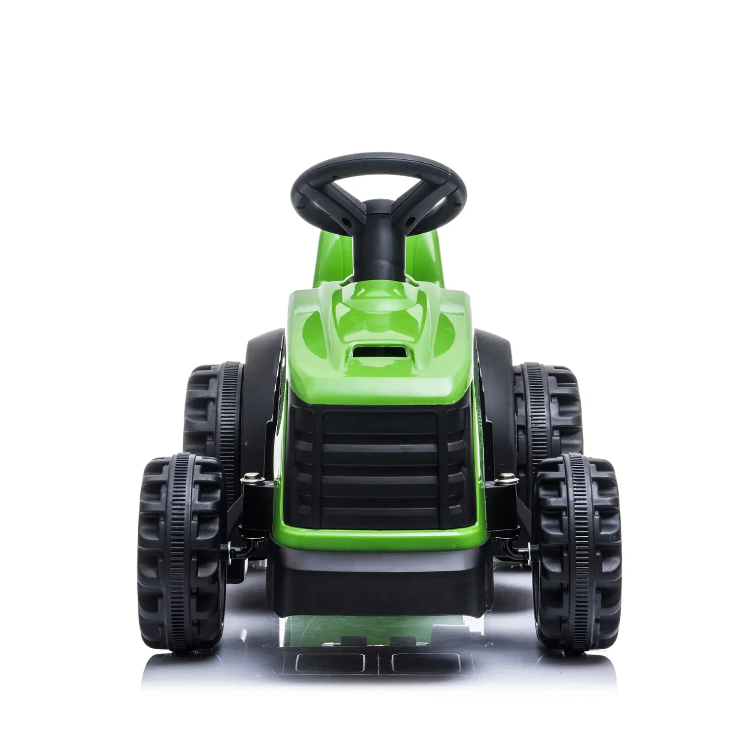 Frontfoto af grøn eltraktor til børn fra NORDIC PLAY Speed med rat og robuste hjul - batteridrevet 1 x 7,4V motor, fremad- og bakgear, ideel til 2-6 år, maks. brugervægt 25 kg