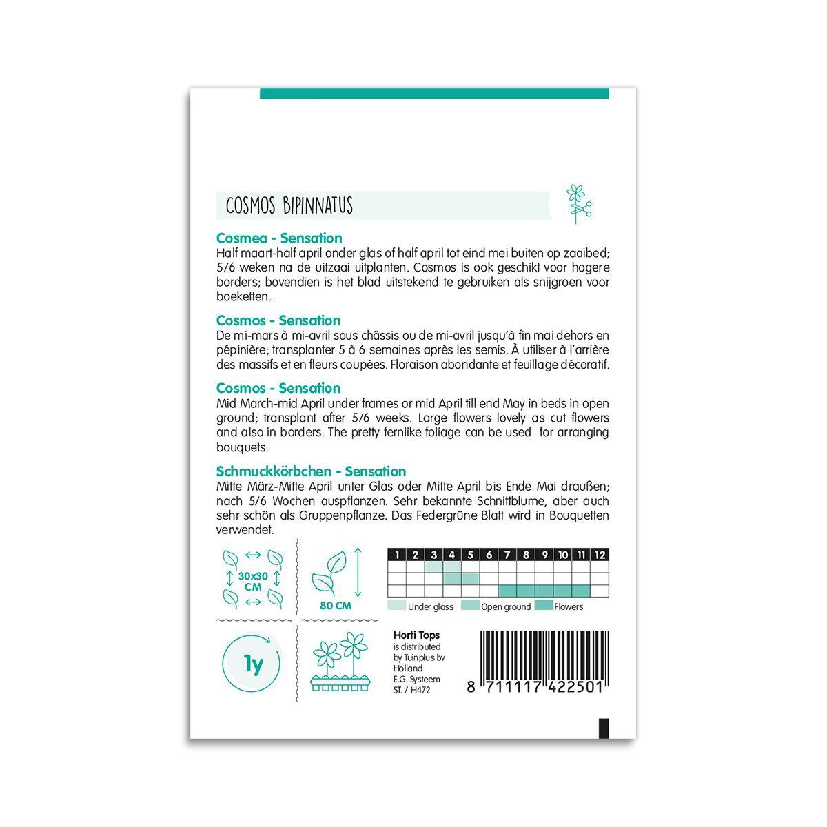 Bagside af frøpose til Cosmos bipinnatus Sensation