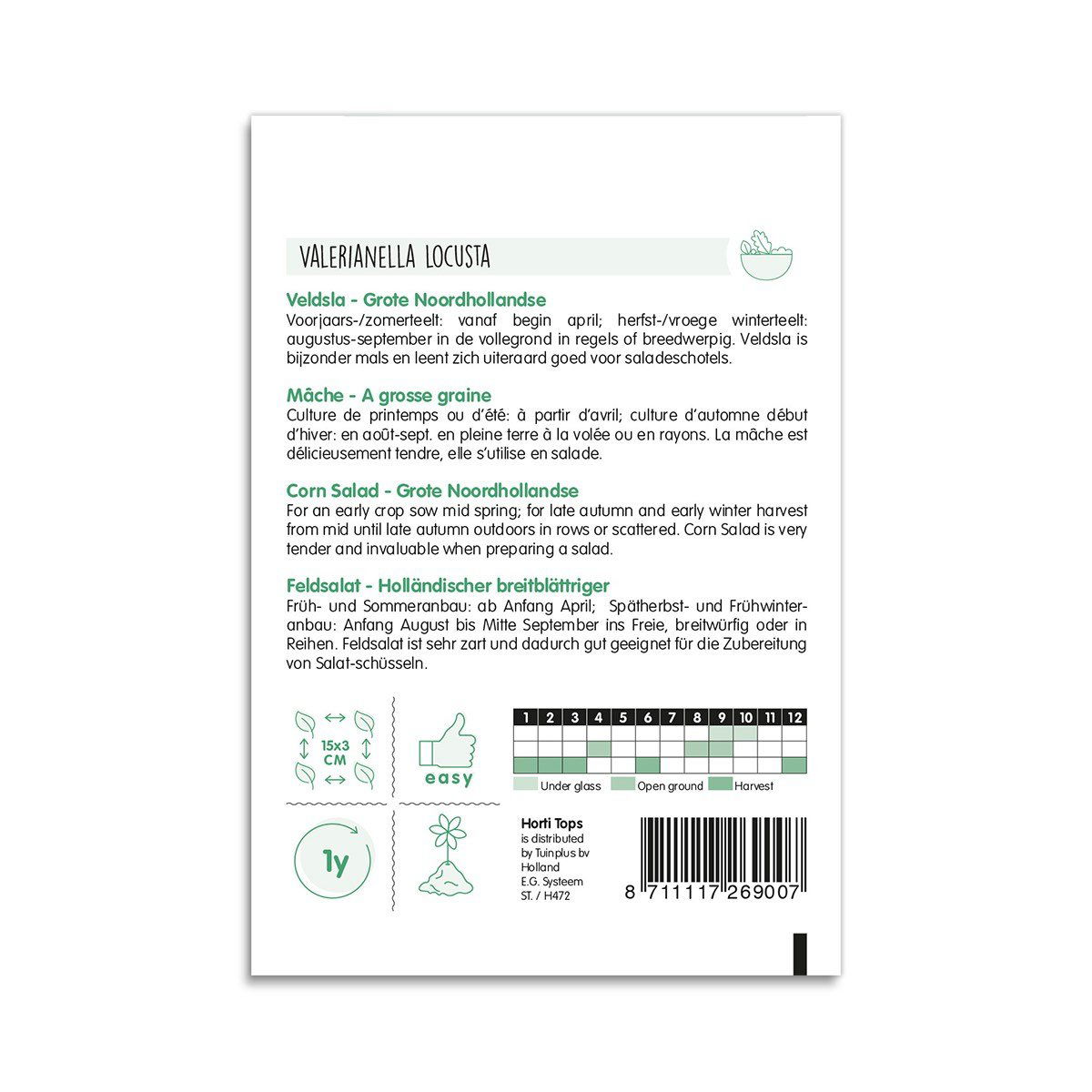 Bagside af feldsalat frøpose Valerianella locusta