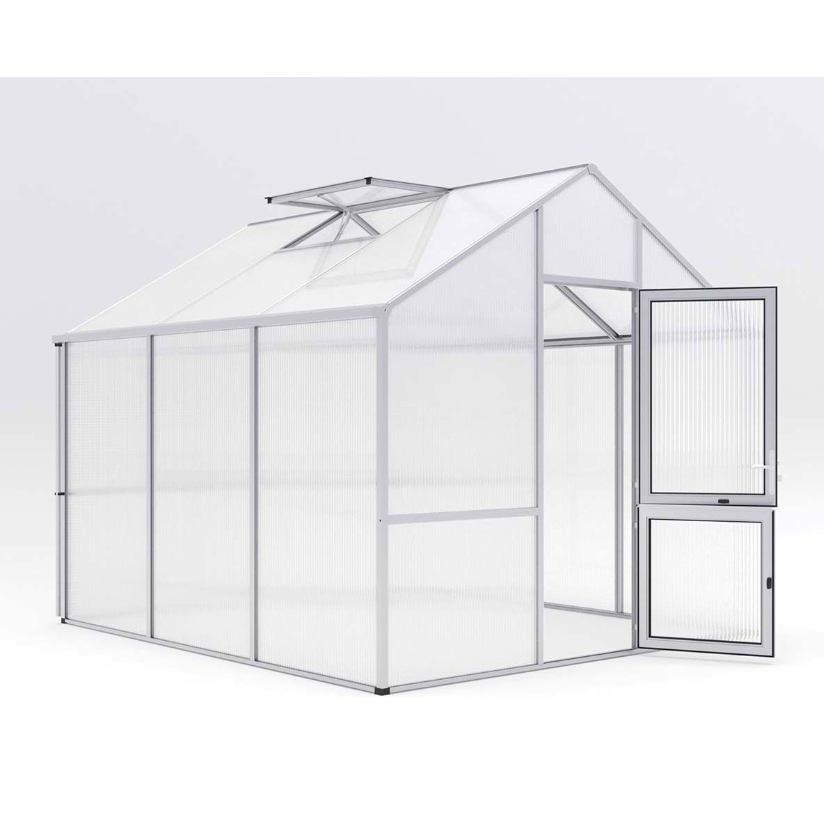 Stort drivhus i aluminium med polycarbonat og dør
