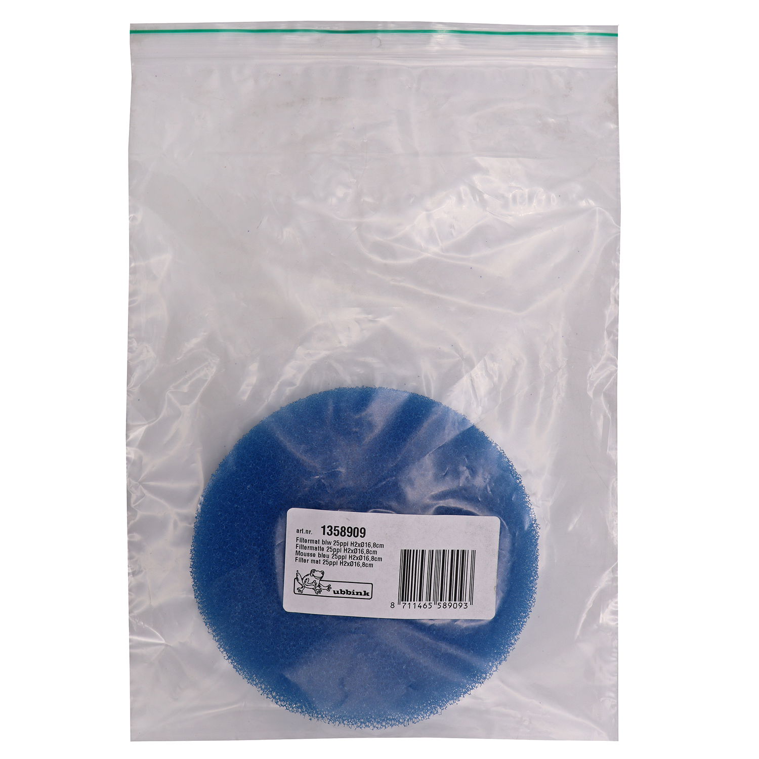 Blå rund Ubbink filtermåtte i plastikpose