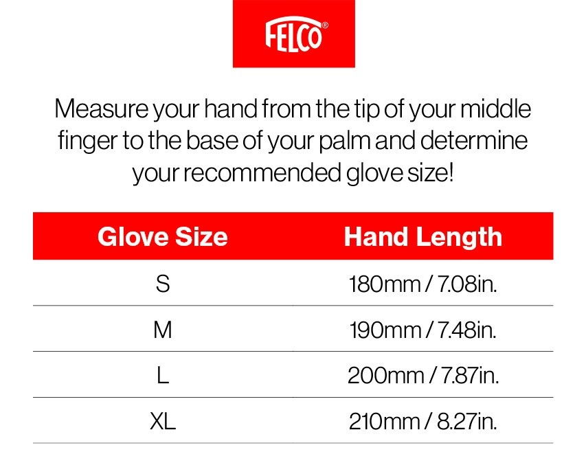 Størrelsesguide til Felco handsker efter håndlængde