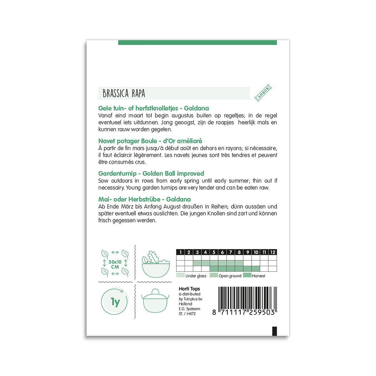 Bagside af frøpose til majroe Golden Ball med info