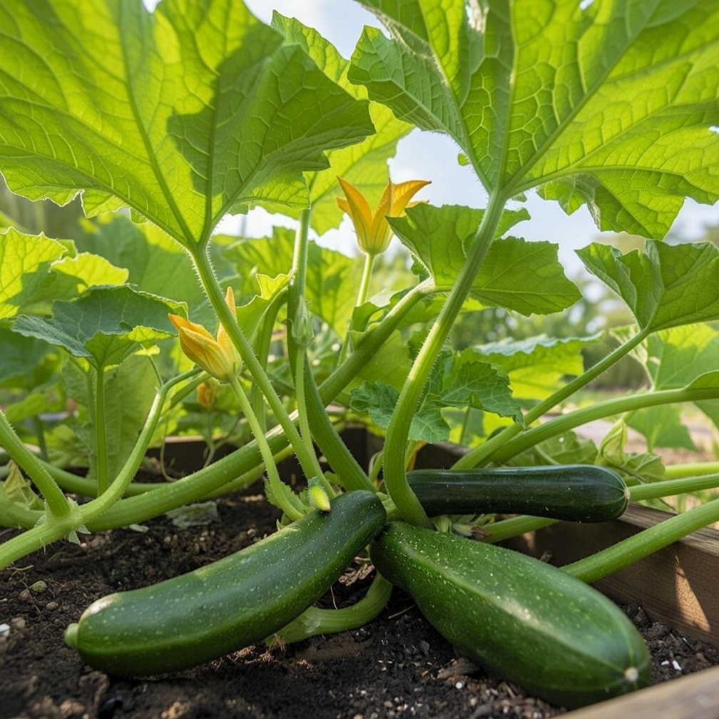 Økologisk squashfrø Dunja F1 – Buzzy Organic | Runde mørkegrønne squashfrugter Dunja F1 squashplante med grønne blade og gule blomster samt mørkegrønne, kødfulde frugter på jordbed; økologiske frø fra Buzzy Organic, velegnet til stegning, bagning og suppe