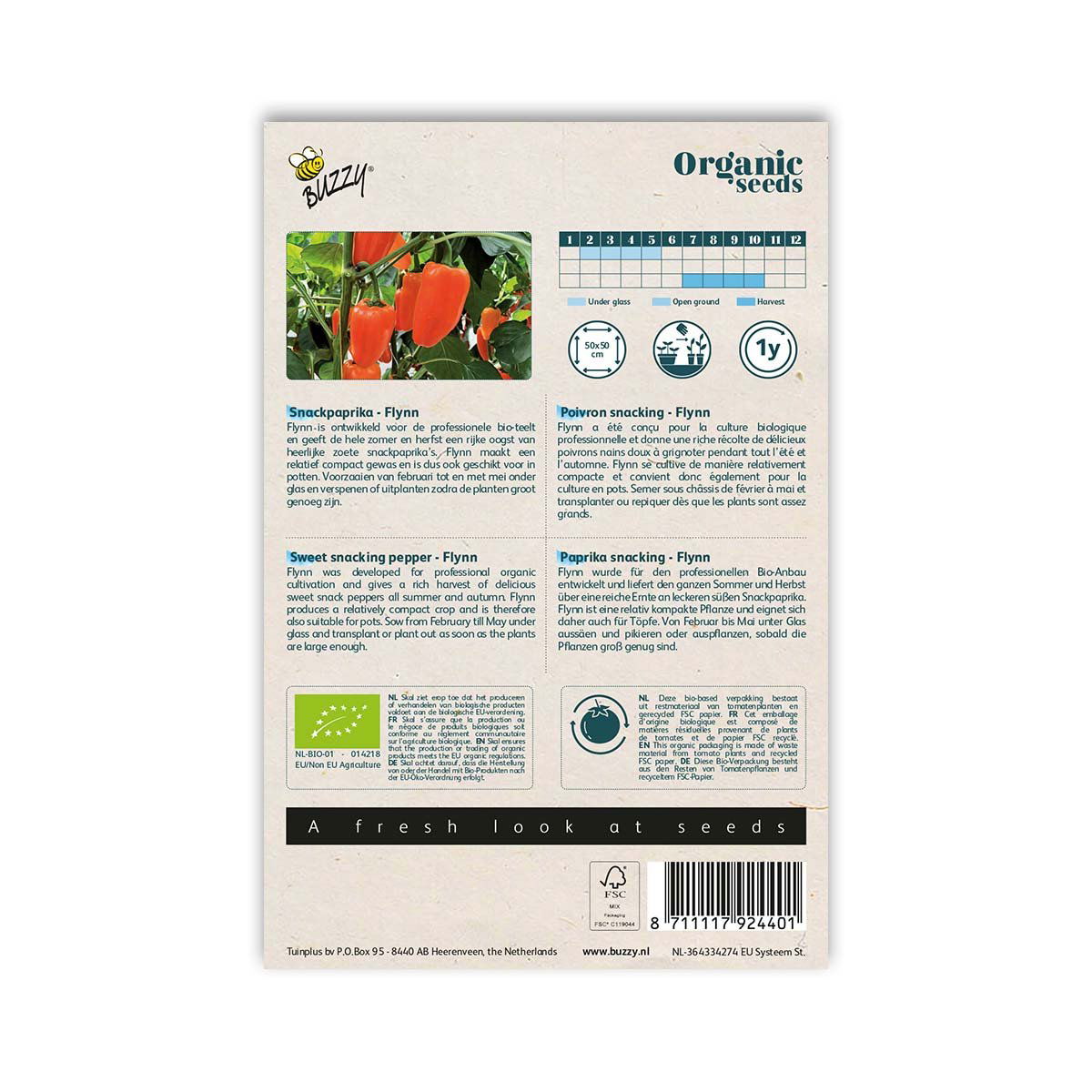 Buzzy Organic Seeds snackpeber Flynn frøpose bagside