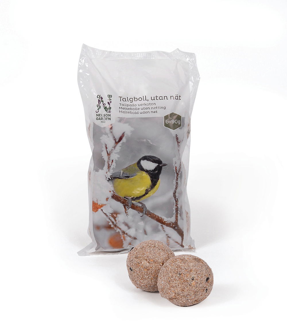 Pakke mejsebolde uden net og to fedtkugler foran