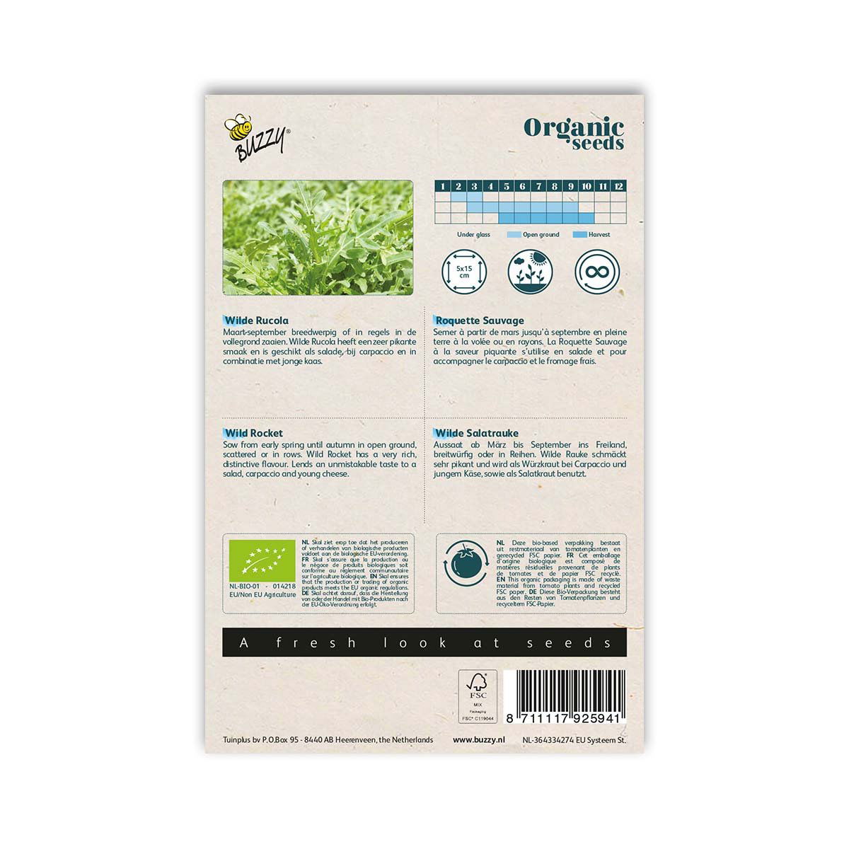 Bagside af pose med økologiske rucolafrø fra Buzzy