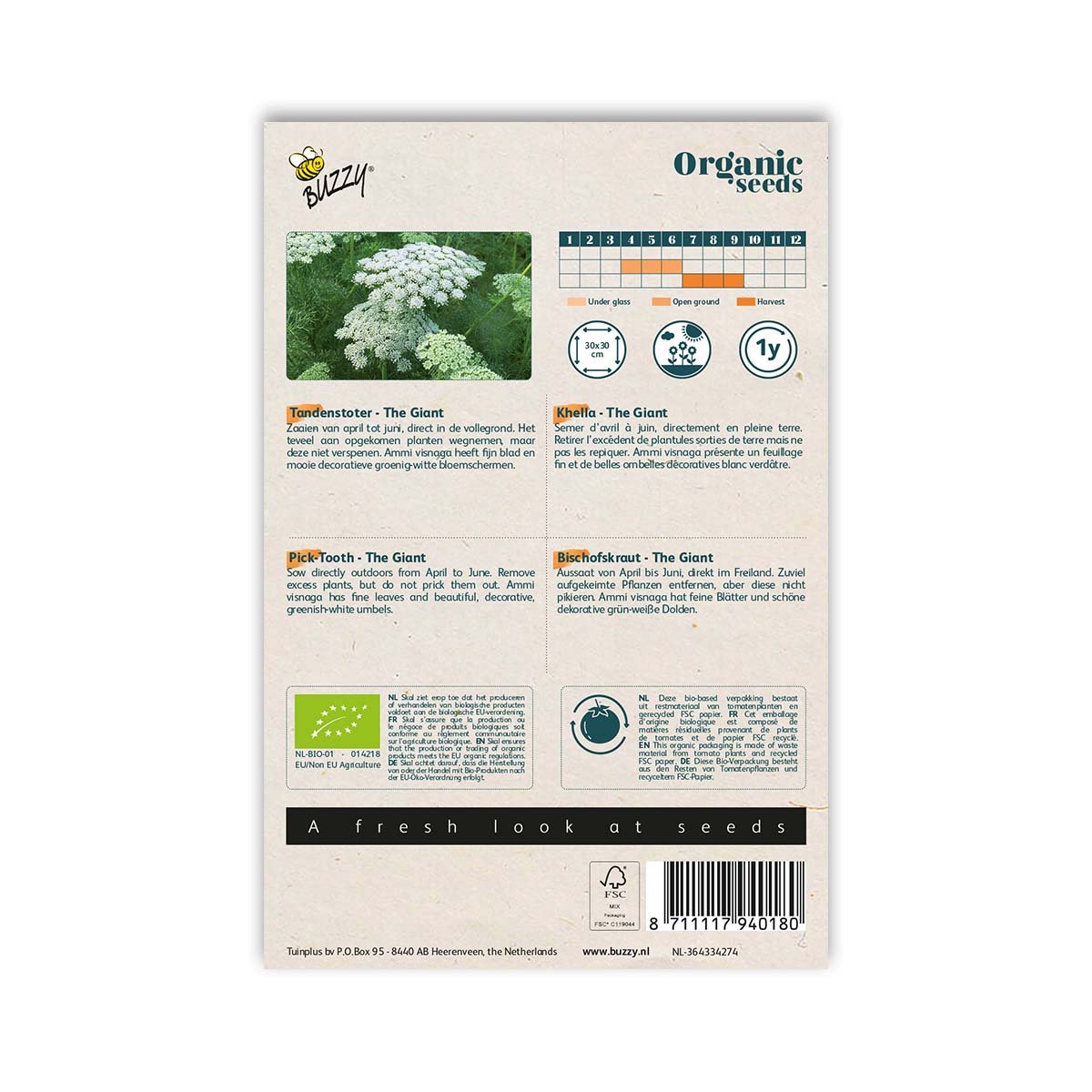 Bagside af Buzzy økologiske Ammi-visnaga frøpose