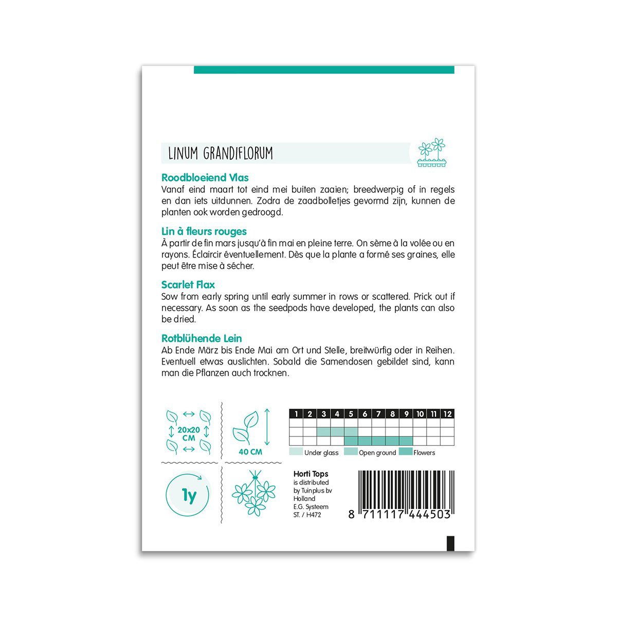 Bagsiden af frøpose til Linum grandiflorum med vejledning