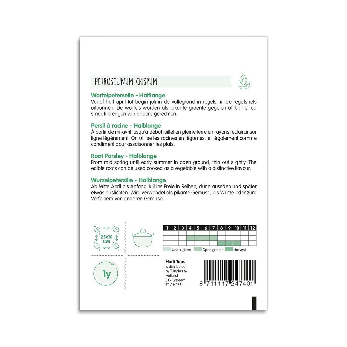 Bagpå frøpose til rodpersille Halblange