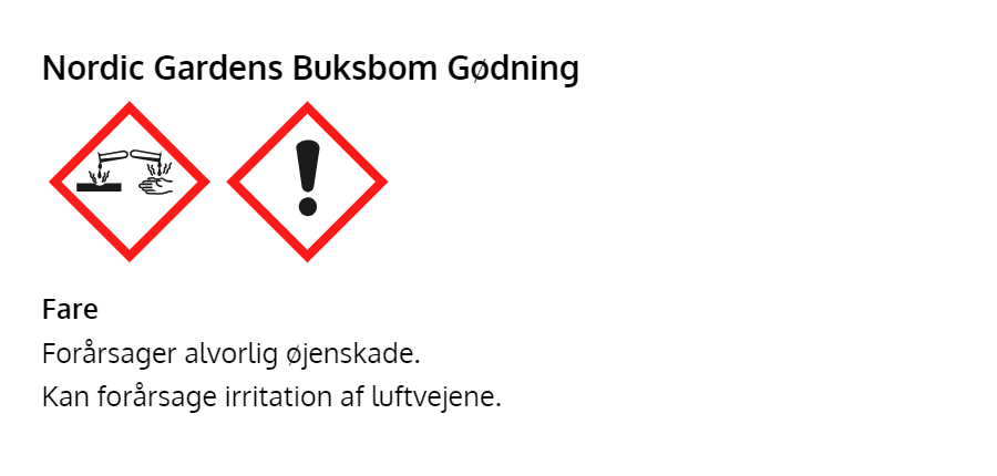 Advarselssymboler for Nordic Gardens buksbomgødning
