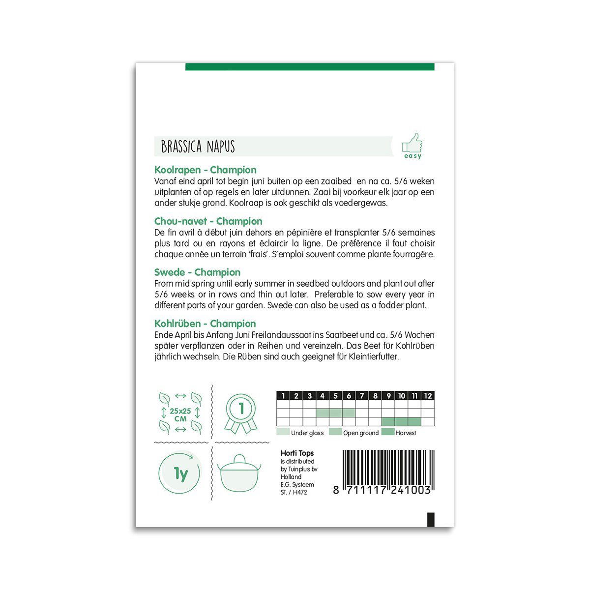 Bagside af frøpose til kålroe Champion Brassica napus