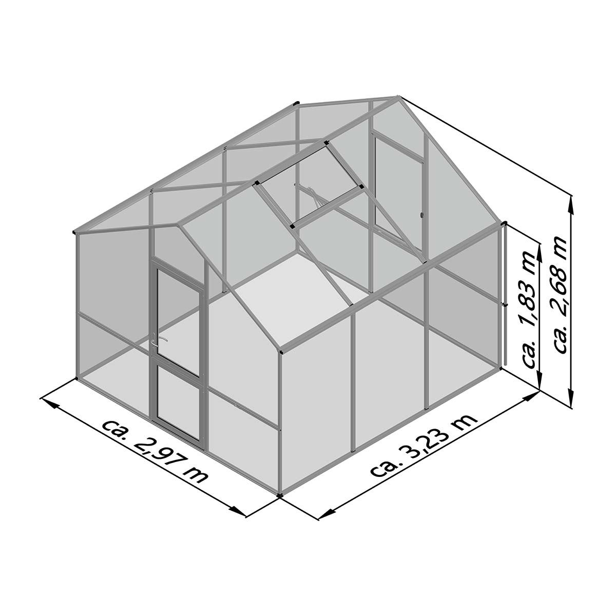 Illustration af drivhus med mål 2,97 x 3,23 x 2,68 m
