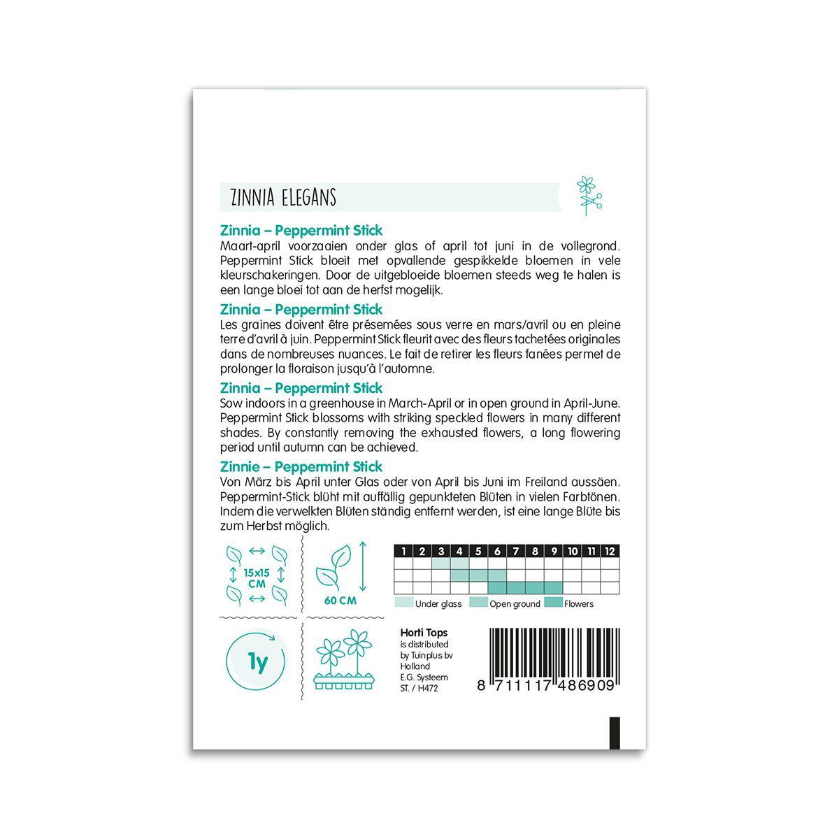 Zinnia Elegans Peppermint Stick blomsterfrø bagside