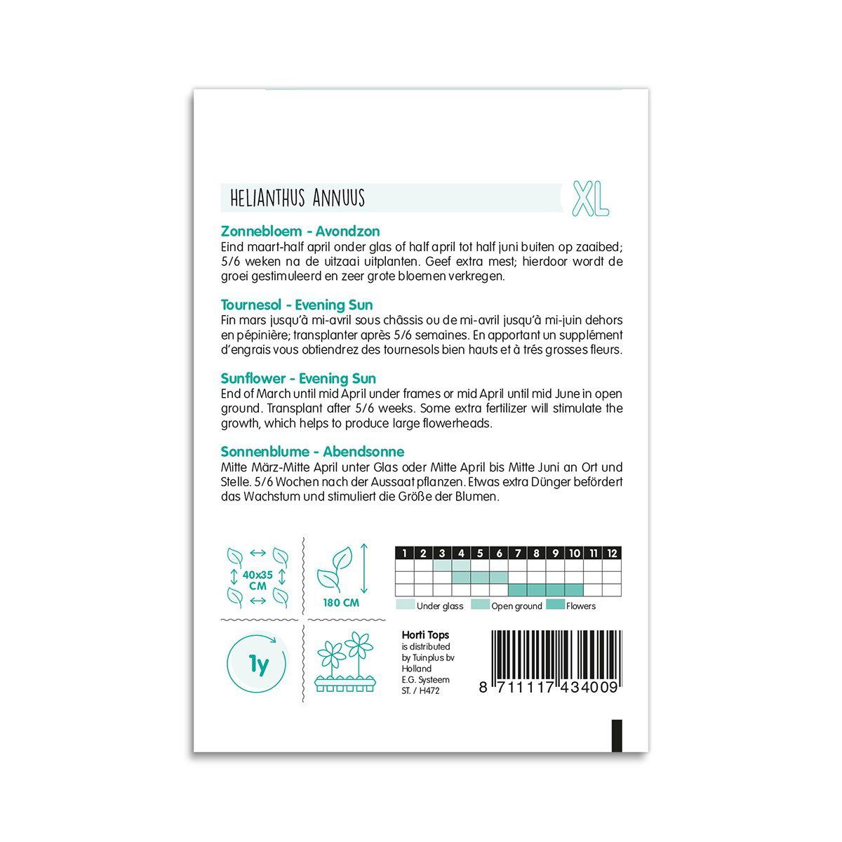 Bagside af pose med solsikkefrø Evening Sun XL