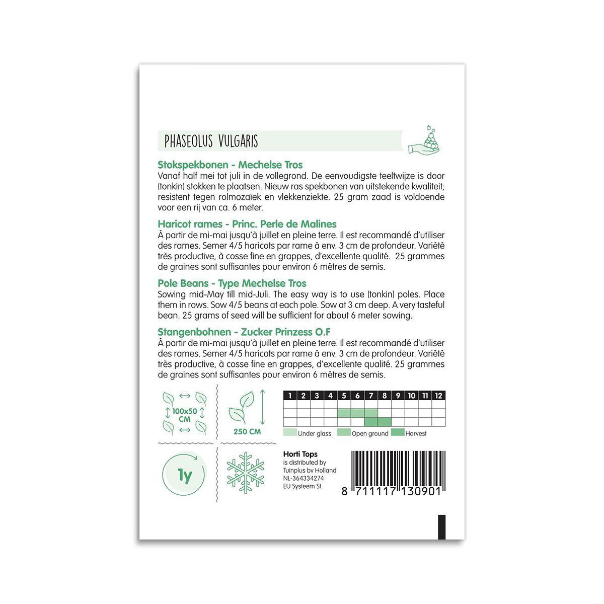 Bagside af frøpose til stangbønner Mechelse Tros