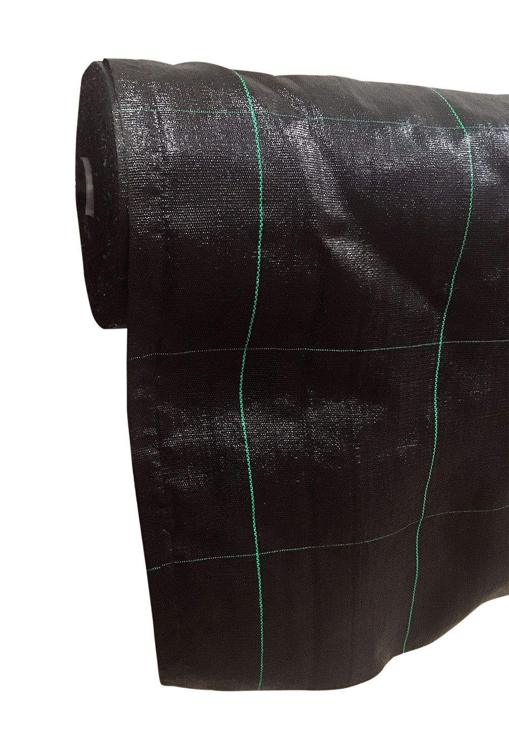 Rulle med sort ukrudtsdug med grønne markeringslinjer