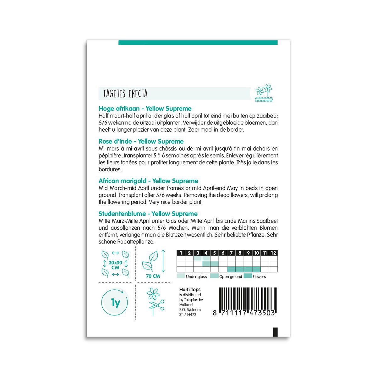 Bagside af frøpose til Tagetes erecta Yellow Supreme