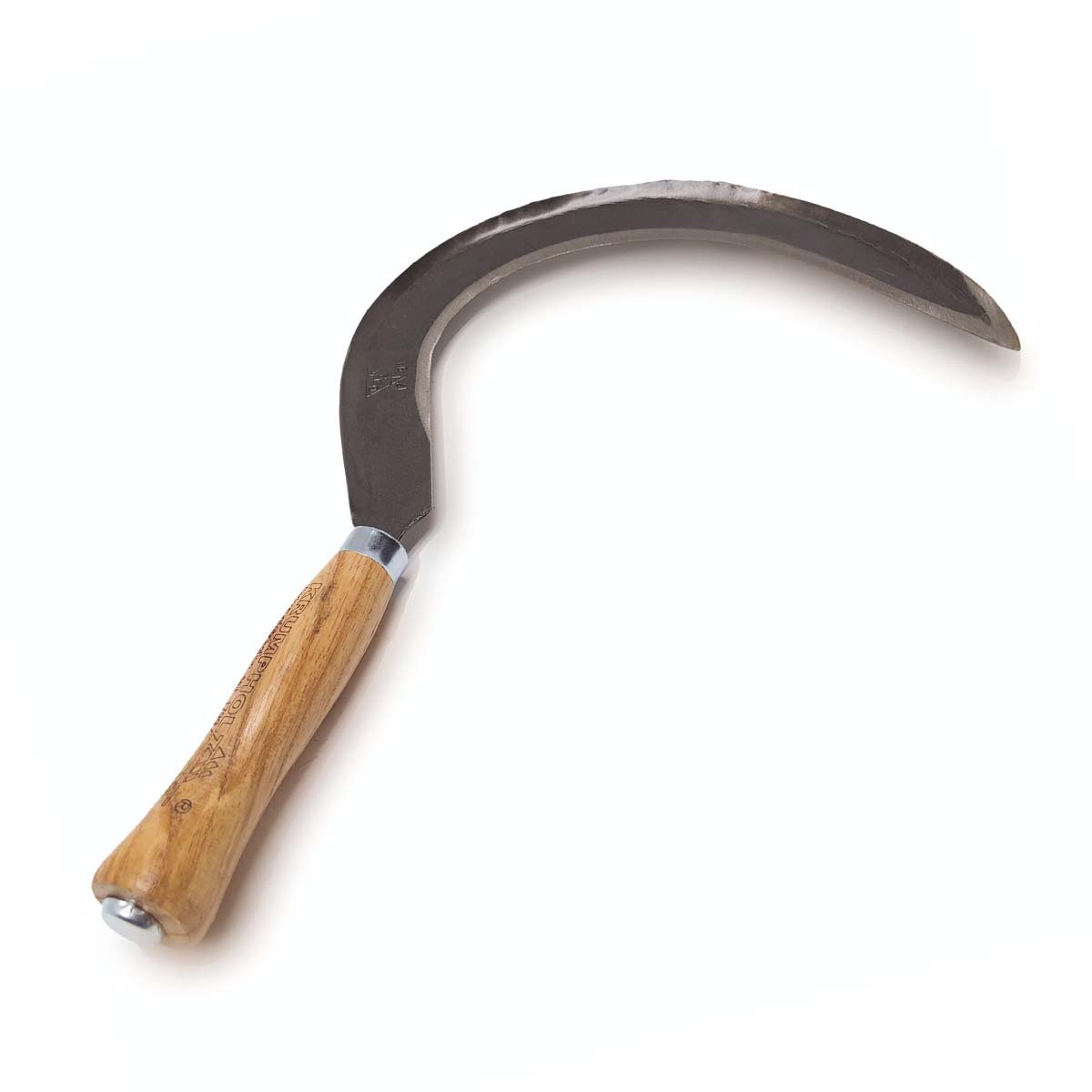 Bueformet håndseg i stål med træskaft