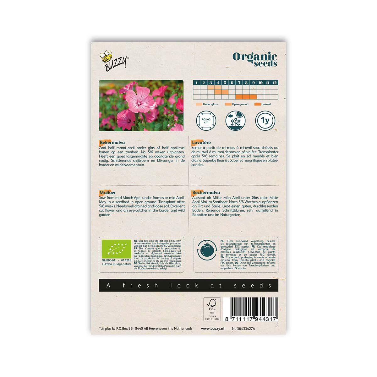 Bagside af økologiske bækmalvafrø fra Buzzy Seeds