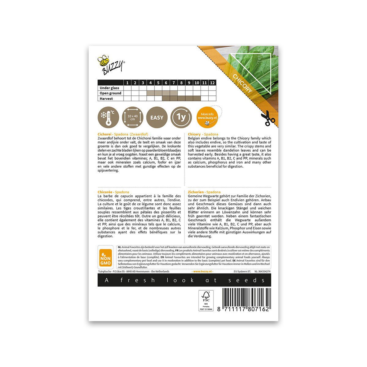 Bagside af Buzzy cikoriefrø Spadona med info