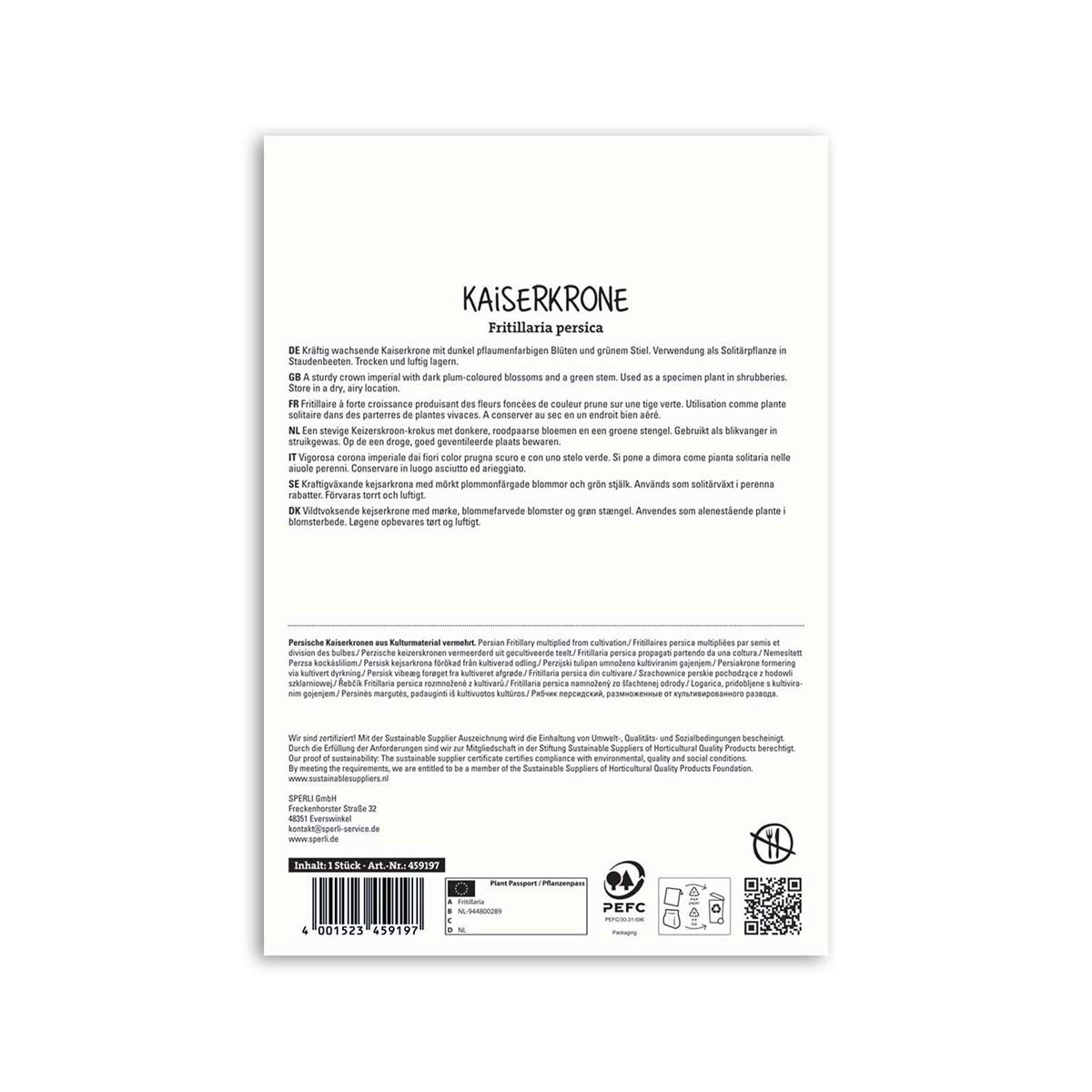 Bagside af frøpose til kejserkrone Fritillaria persica med t