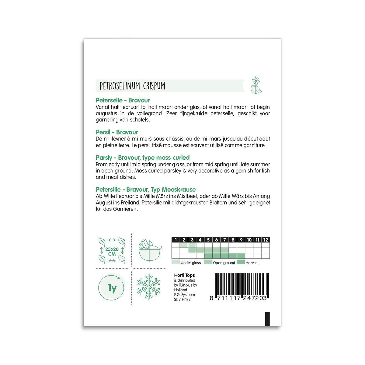 Bagside af frøpose til kruspet persille Peterselie Bravour