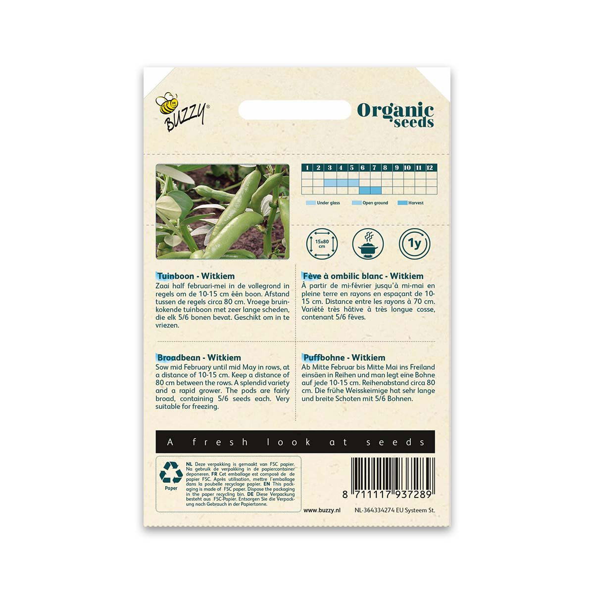 Bagside af Buzzy økologiske havebønnefrø med vejledning