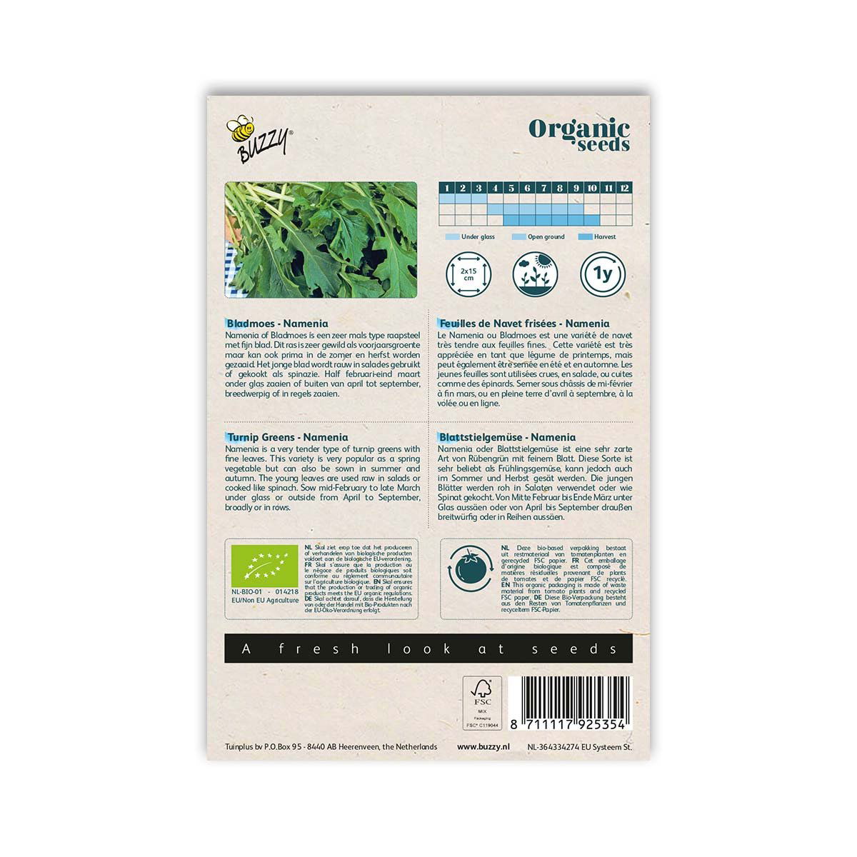 Bagside af pose med økologiske Nameniablade frø