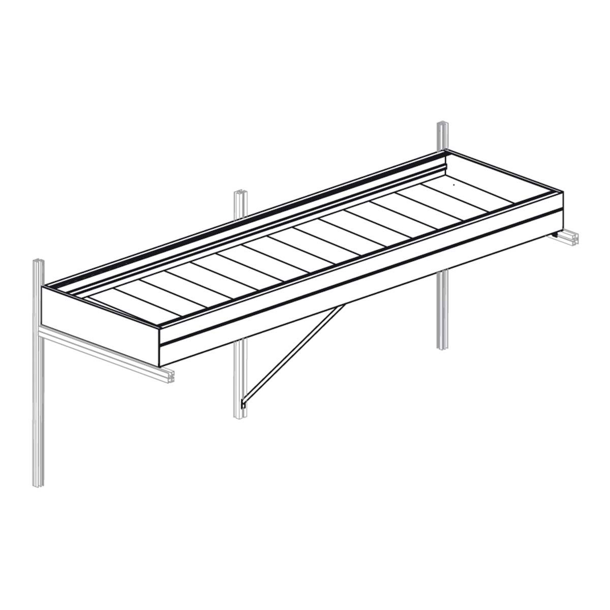 Lang væghylde i metal med frontkant