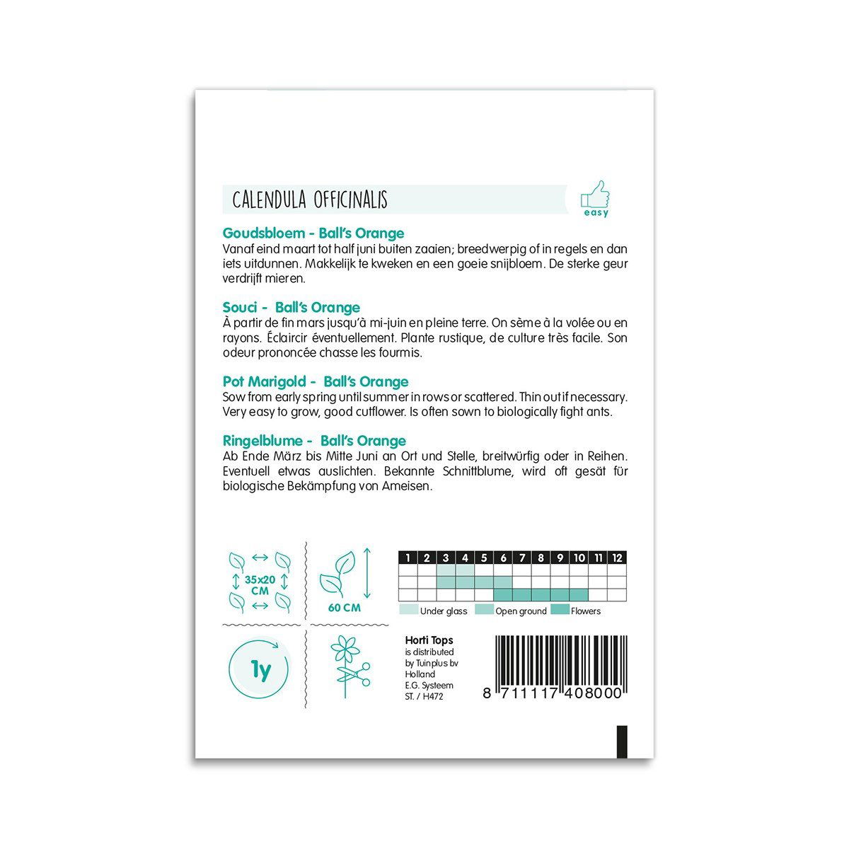 Bagside af Calendula Ball’s Orange frøpose