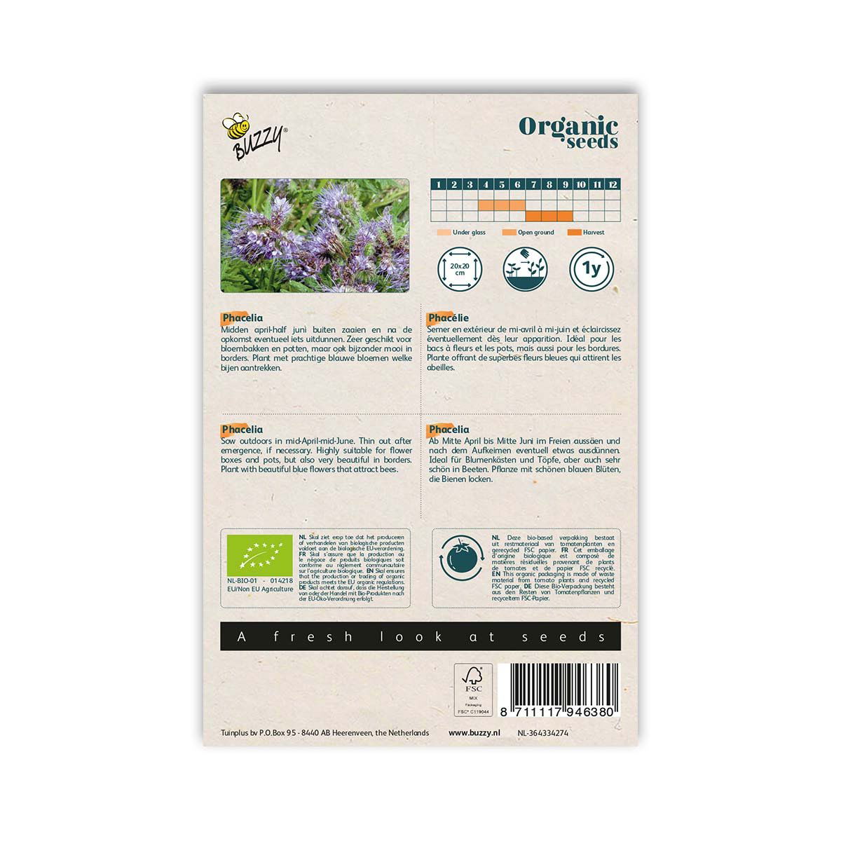 Bagside af Buzzy økologiske phacelia blomsterfrø pose