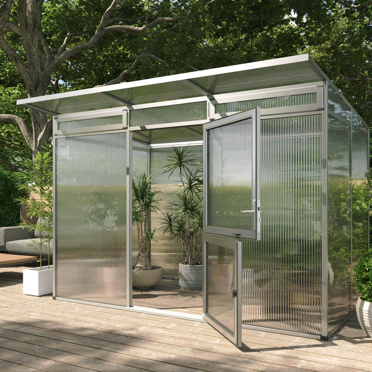 Fritstående aluminium drivhus med glas og planter