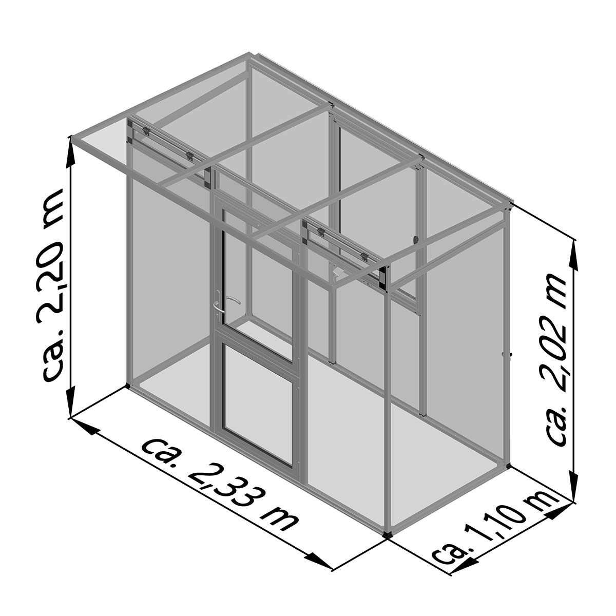 Tegning af altaninddækning med mål 2,33 x 1,10 x 2,20 m