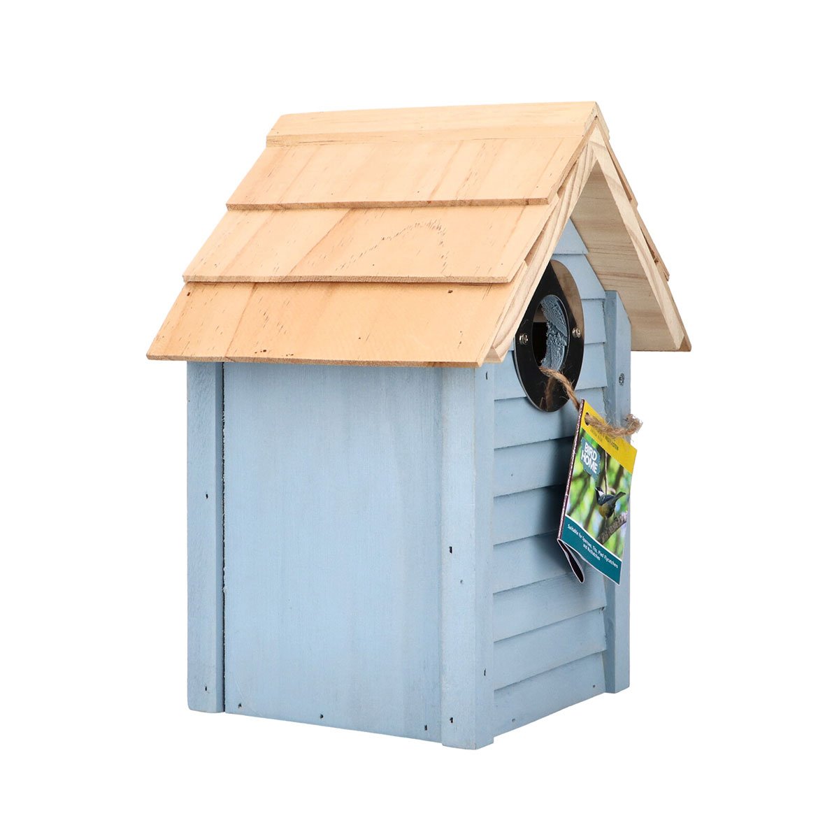 Blå træfuglekasse med naturfarvet trætak