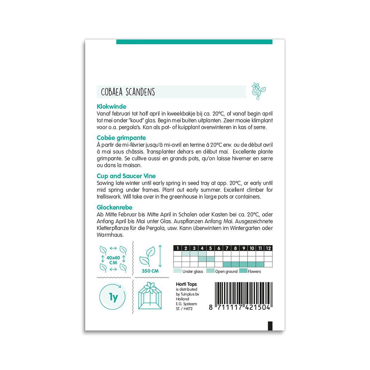 Bagside af Cobaea scandens frøpose med dyrkningsvejledning