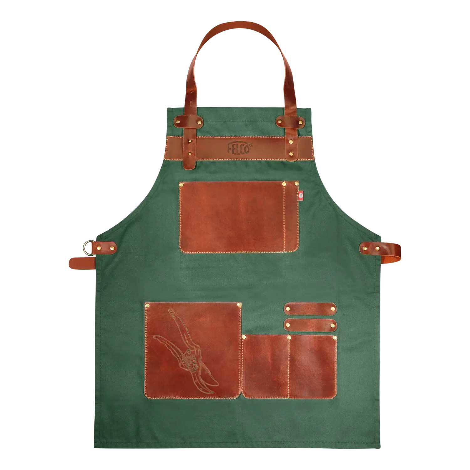 Grønt forklæde med brune læderlommer og remme