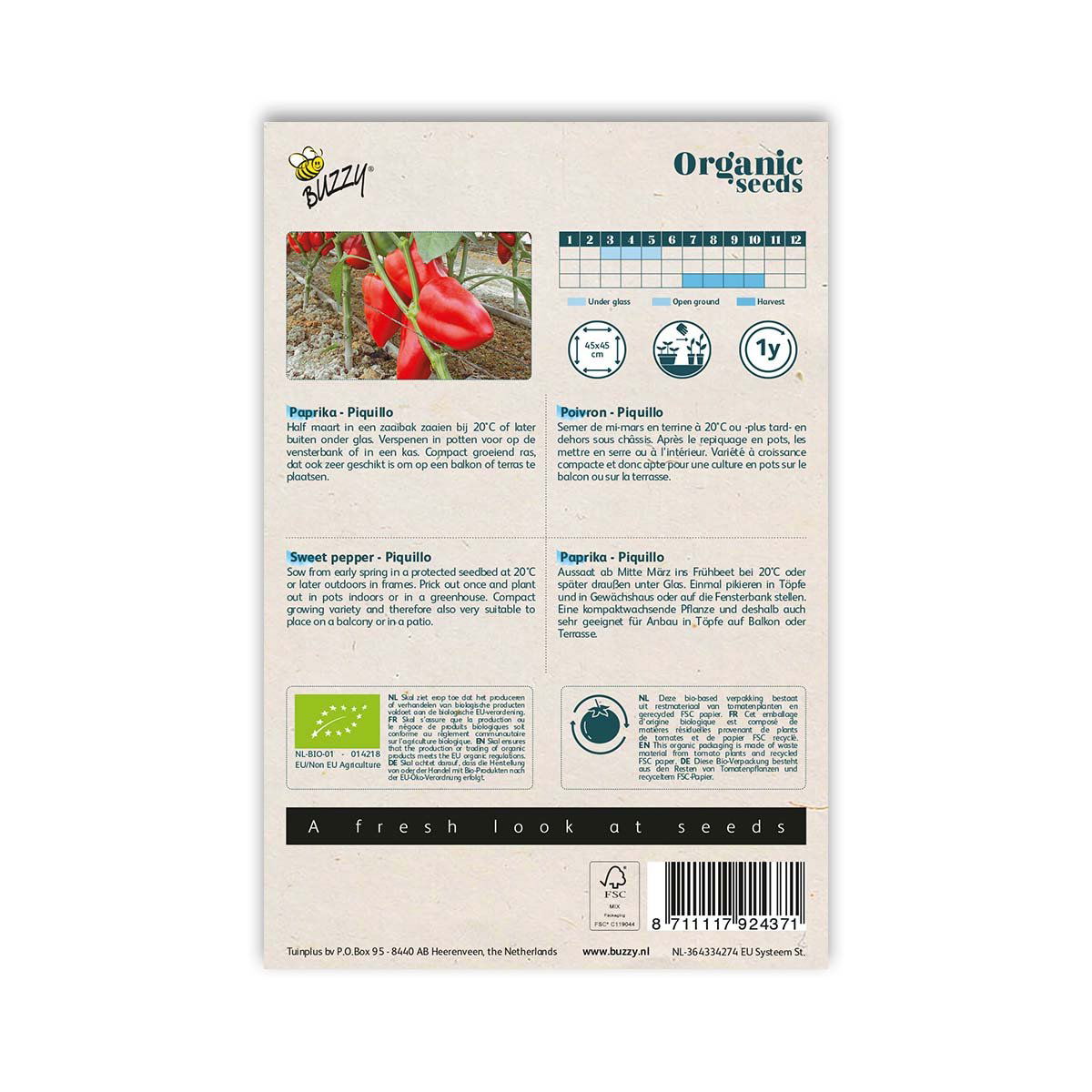 Bagside af pose med økologiske Piquillo peberfrø