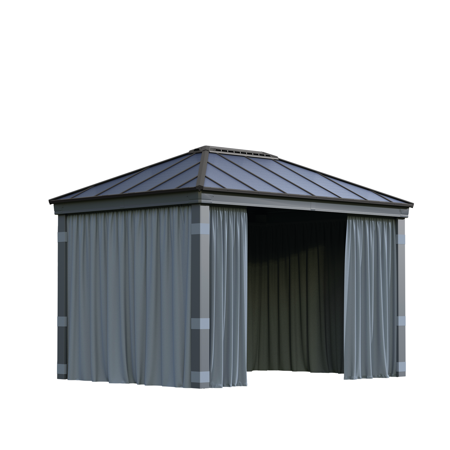 Fritstående pavillon med gardiner og metal tag